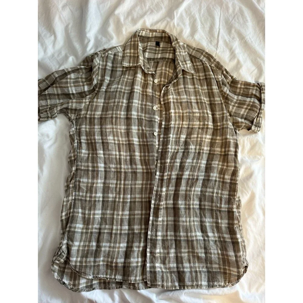 Men’s 100% Linen Shirt Plaid Brown Beige Button Up Casual Summer Lightweight M - Picture 8 of 8